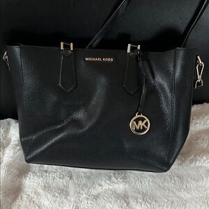 Michael Kors Black Pebbled Leather Tote with Gold MK Charm